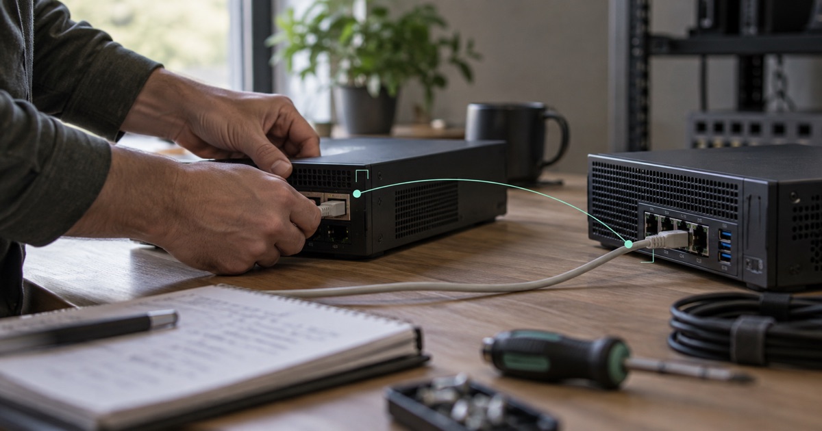 Illustrative photograph: A technician prepares two compact servers for migration at a small-office workbench.