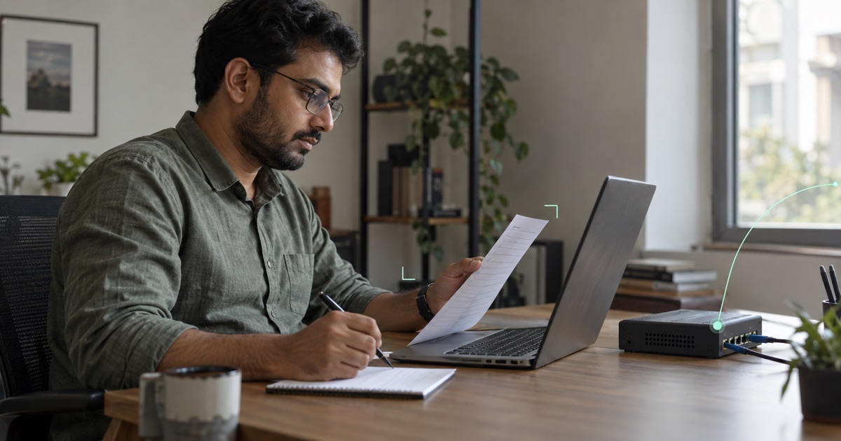 Illustrative photograph: An IT administrator reviews an equipment checklist beside a gateway.