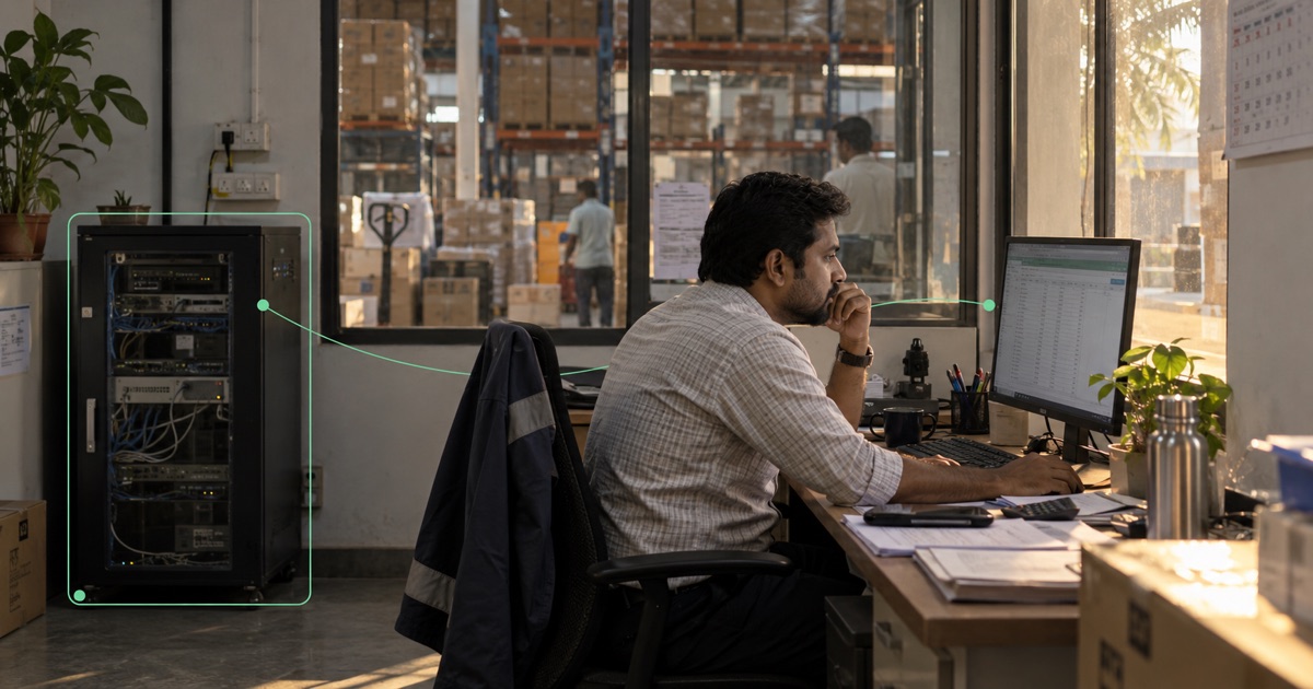 Illustrative photograph: An operator works in a warehouse office beside a local server cabinet, joined by a fine connection curve.