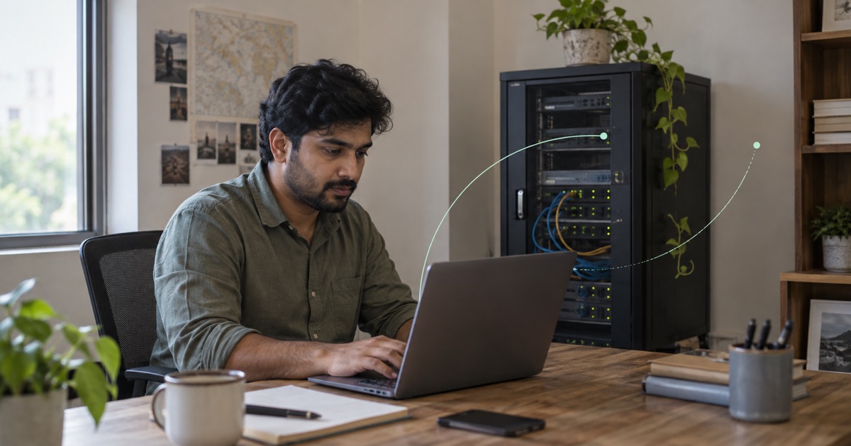 Illustrative photograph: An operator checks a compact server from a laptop in a small office.