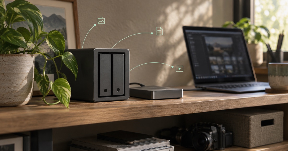Illustrative photograph: A compact storage appliance and backup drive sit in a home office with subtle connections suggesting separate uses.