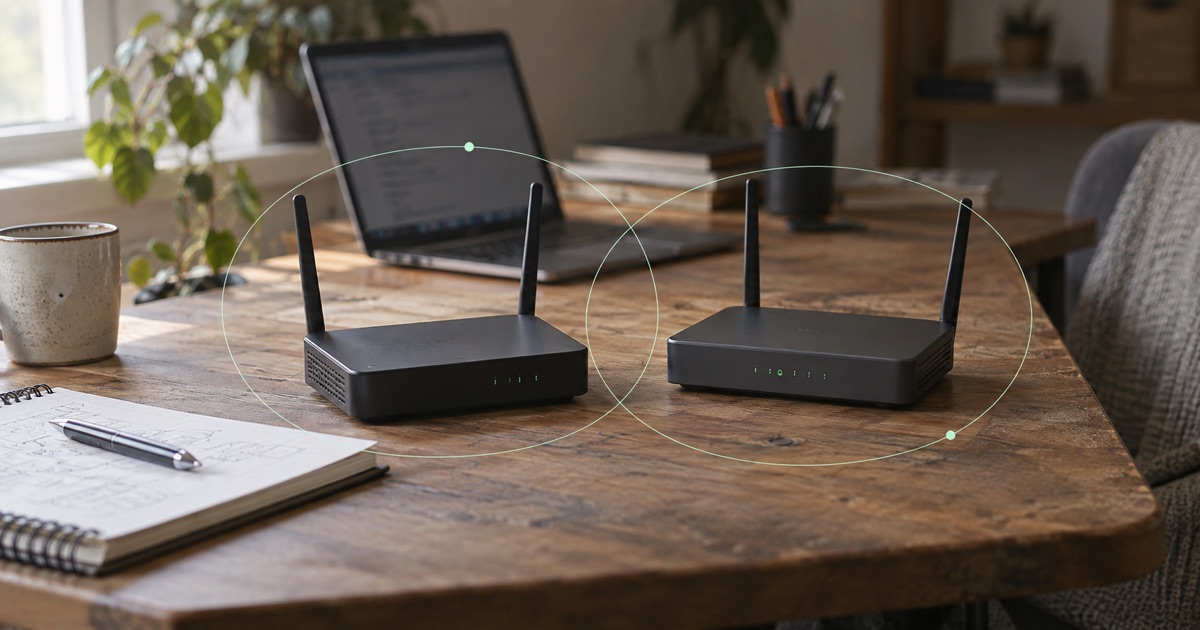 Illustrative photograph: Two compact routers sit on a shared IT workbench beside a planning notebook.