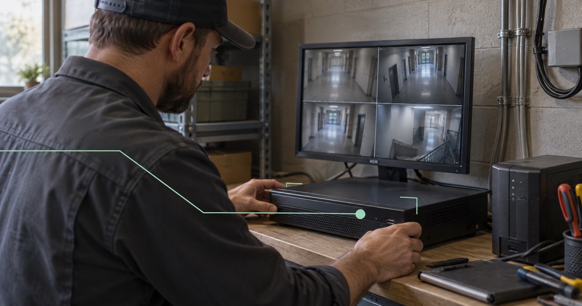 Illustrative photograph: A facilities technician inspects a recorder beside a monitor showing empty corridors, with a defined device connection.