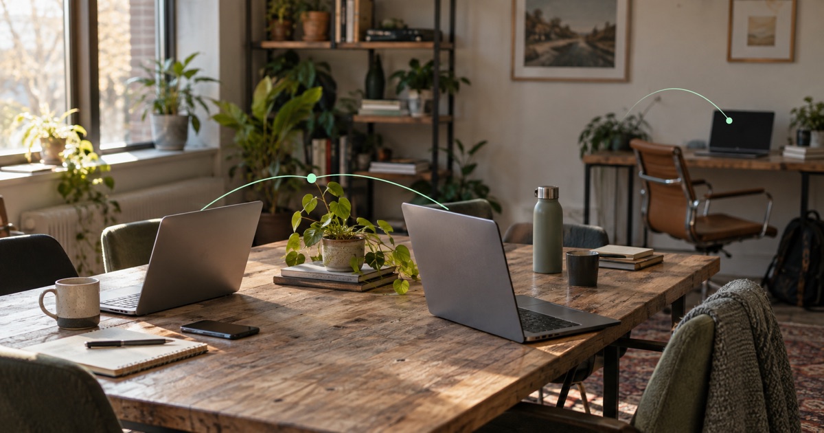 Illustrative photograph: A shared office table and a separate working desk suggest different outgoing identities.