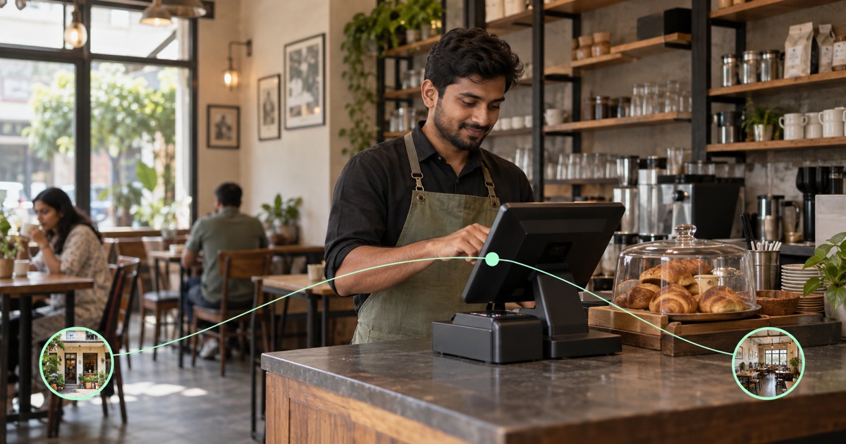Illustrative photograph: A cafe staff member uses a billing terminal, with two small photographic site markers joined to the application.