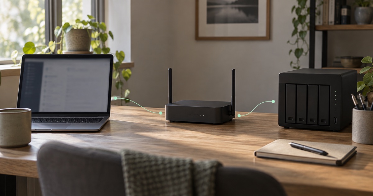 Illustrative photograph: A laptop, gateway and server sit at distinct positions on an office desk.