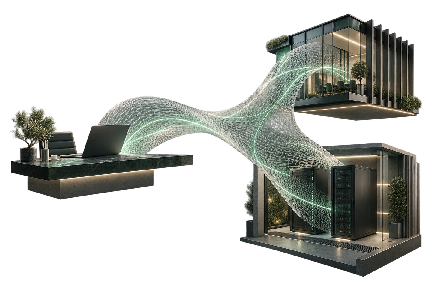 Conceptual illustration of a laptop, an office and server infrastructure connected by one translucent woven fabric.