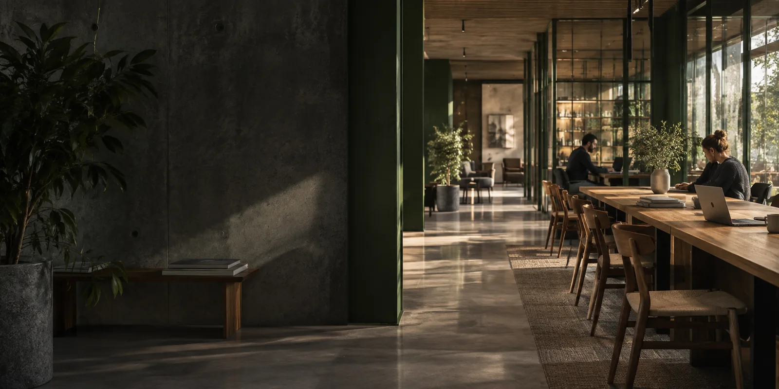 Illustrative shared workspace with desks and seating beside large windows