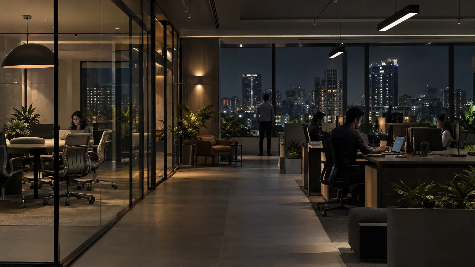 Illustrative office with desks, meeting rooms and a city beyond its windows.