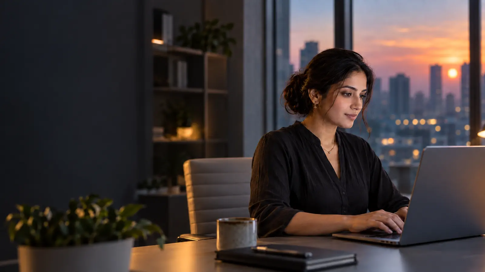 Illustrative setting of a person working on a laptop at home.